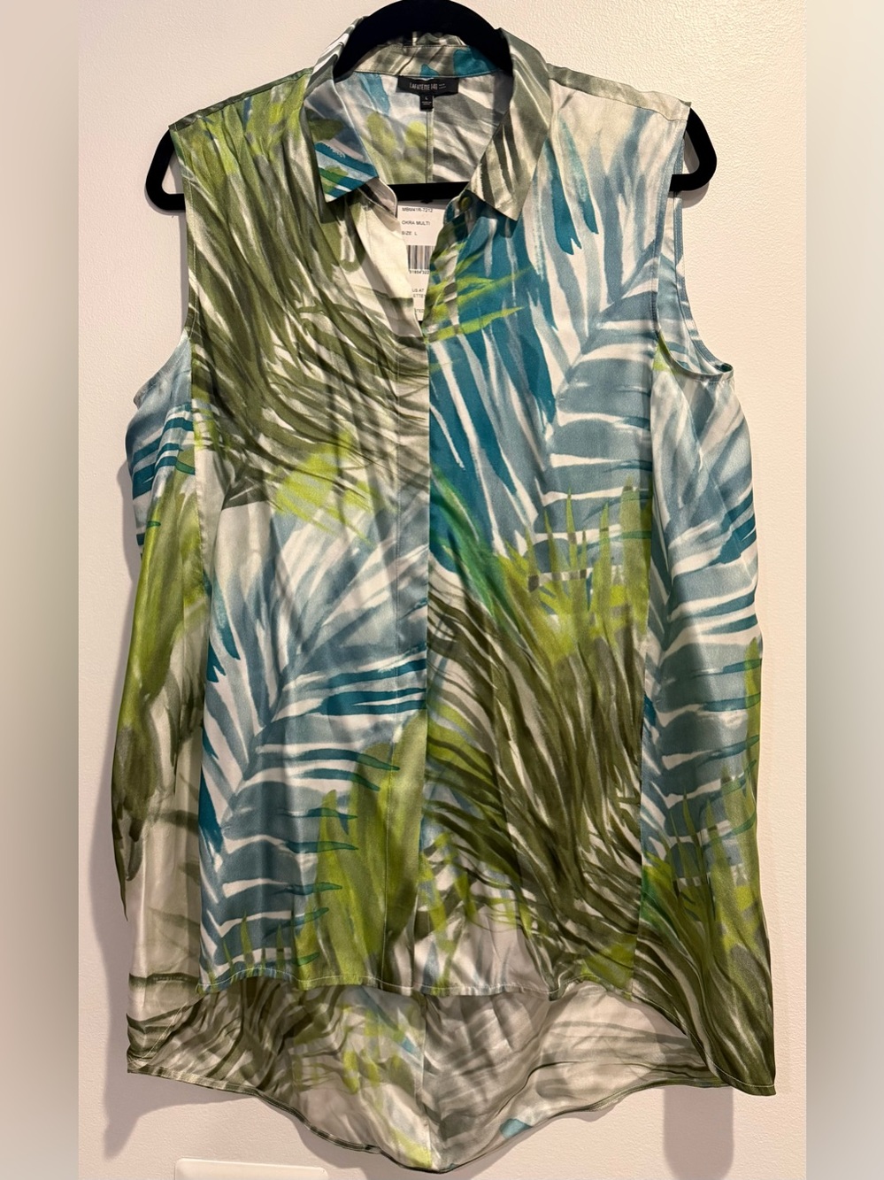 NWT Lafayette 148 100% Silk Okra Multi Palm Leaf Sleeveless Button Up Blouse